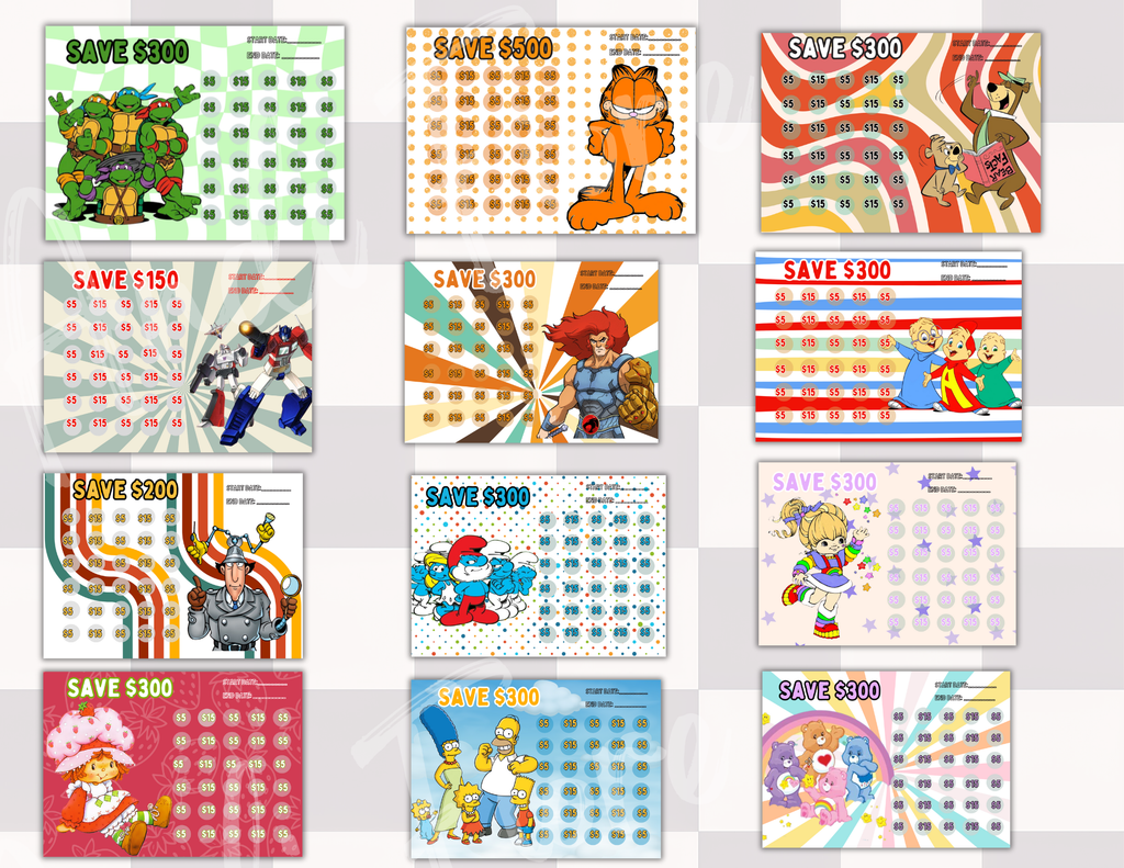 Retro Cartoon Mini Savings Challenge with Savings Box