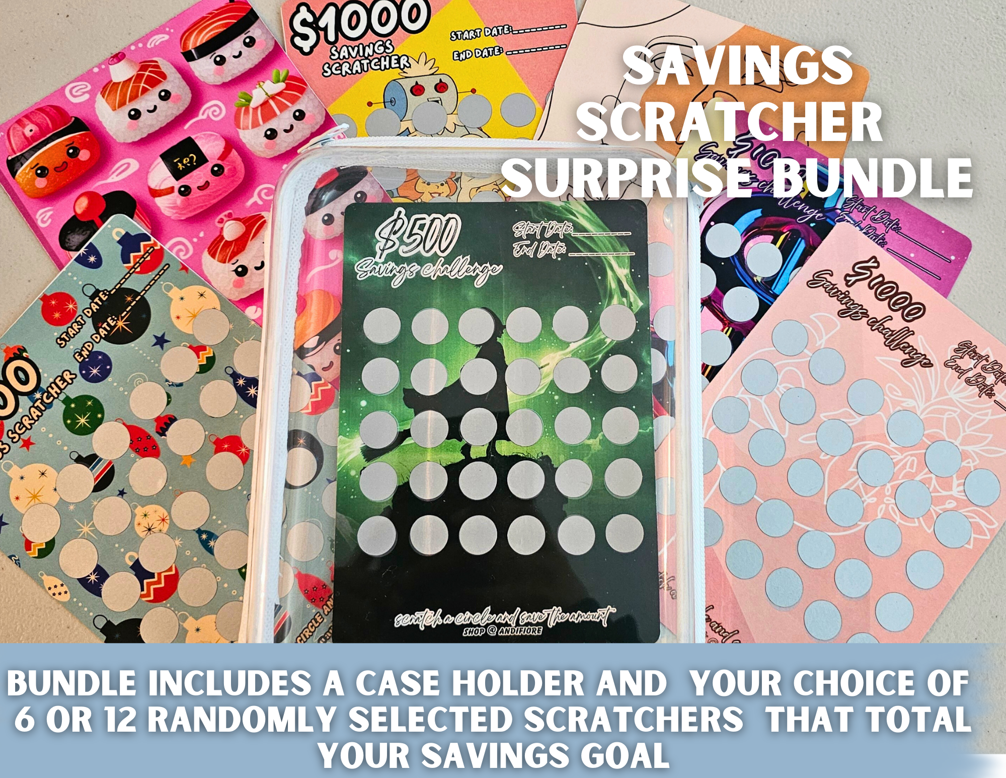 Savings Scratcher Bundle, Zipper Case plus 6 or 13 Randomly selected Scratchers. Save 500, 1000,5000, 10000 dollars