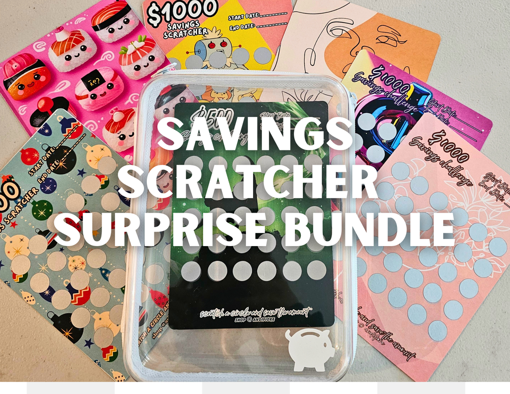 Savings Scratcher Bundle, Zipper Case plus 6 or 13 Randomly selected Scratchers. Save 500, 1000,5000, 10000 dollars