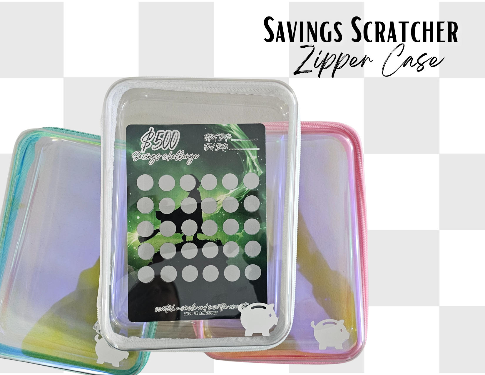 Savings Scratcher Zipper Case with Piggy Bank Detail